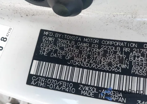 2013 Toyota Prius Two from USA, damaged, VIN JTDKN3DU9D5580964